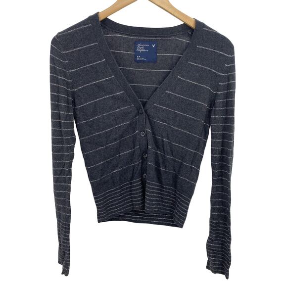 American Eagle Sweater Womens Small Cropped Gray Metallic Striped Cardigan Knit - Picture 1 of 7
